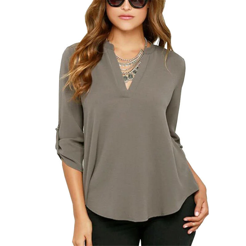 Sexy Women V-neck Chiffon Blouse Casual Long Sleeve Solid Shirts Tops Plus Size 5XL feminina camisas 1WBL074 Feminine Ruffle Blouse