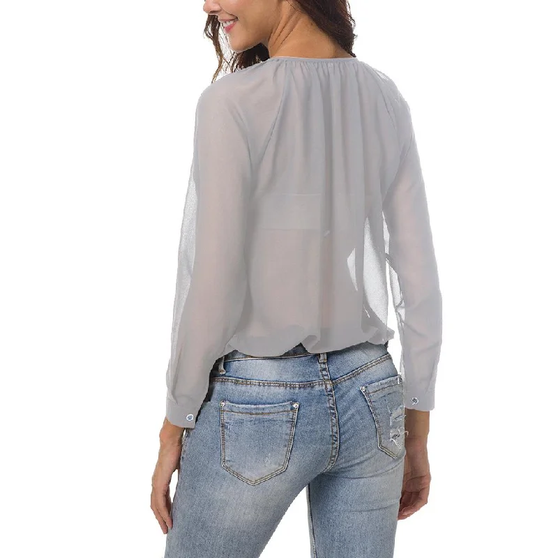 Fashion Women Ladies Loose Casual Chiffon Long Sleeve Shirt Tops Blouses XL Gray Lightweight Chiffon Blouse
