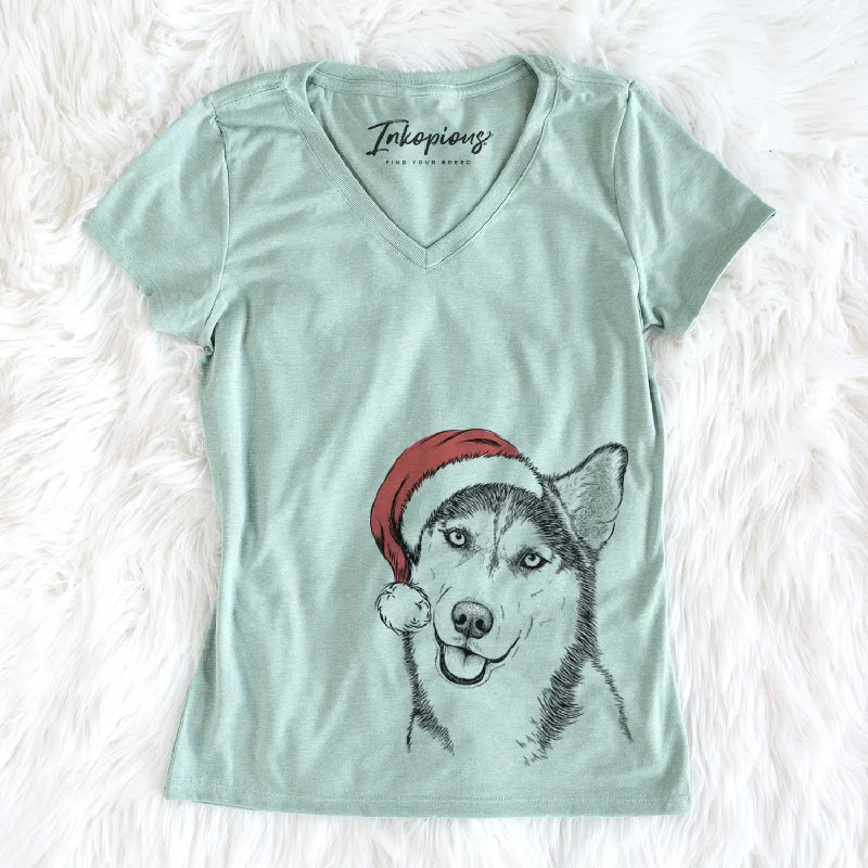 Santa Remmie the Siberian Husky - Women's V-neck Shirt-- Asymmetrical Pockets Print