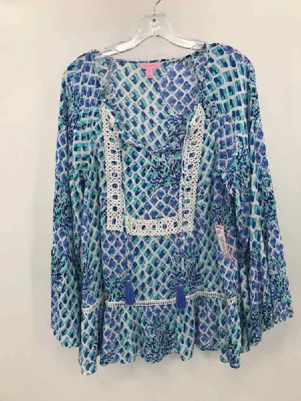 Pre-Owned Lilly Pulitzer Blue Size Small Long Sleeve Blouse Stretchy Fitted Blouse