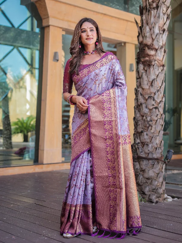 Sonakshi Women's Light Purple Dharmavaram Silk Zari Woven Traditional Saree with Blouse Flowy Bohemian Blouse