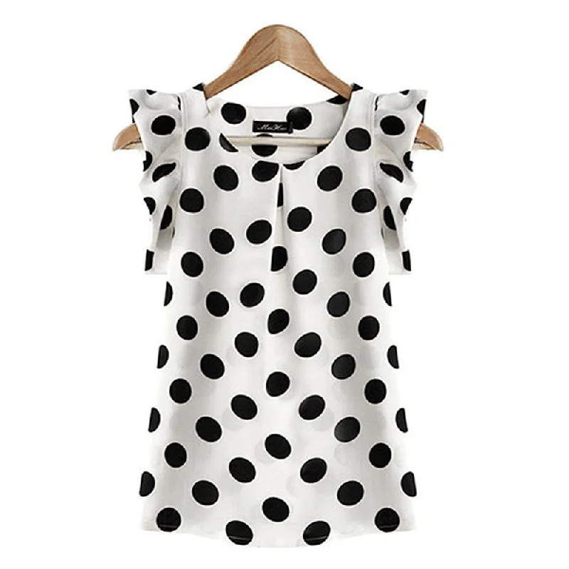 Women Printed Polka Dot Casual Chiffon Blouse Short Sleeve Shirt Summer Tops Chic Wrap Blouse