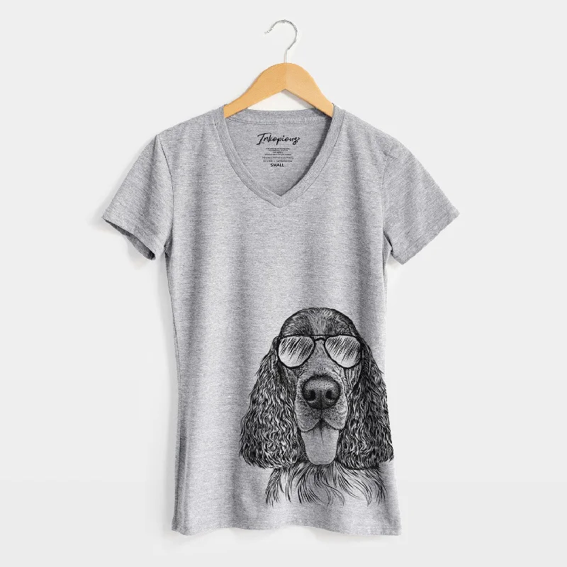 Aviator Duke the English Springer Spaniel - Women's V-neck Shirt-- Fleece Fabric Down Fabric Feather Fabric