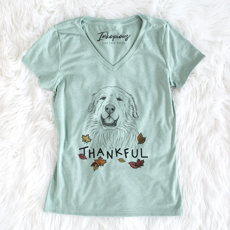 Thankful Horton the Great Pyrenees - Women's V-neck Shirt-- Mesh Blend Leather Blend Suede Blend