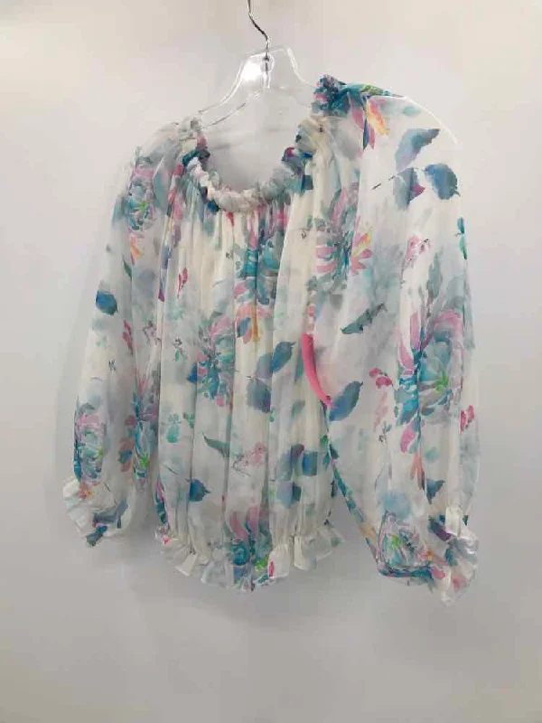 Pre-Owned Le Ragazze White Size Small Floral Blouse Silky Draped Blouse