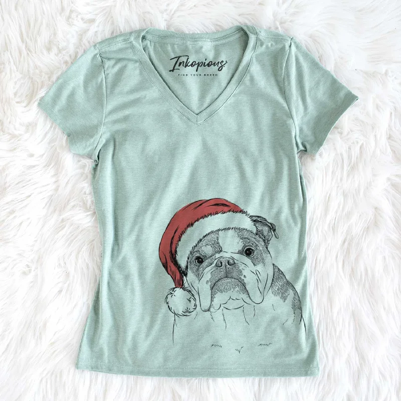 Santa Jack the English Bulldog - Women's Perfect V-neck Shirt-- Seamless Knitted Crochet