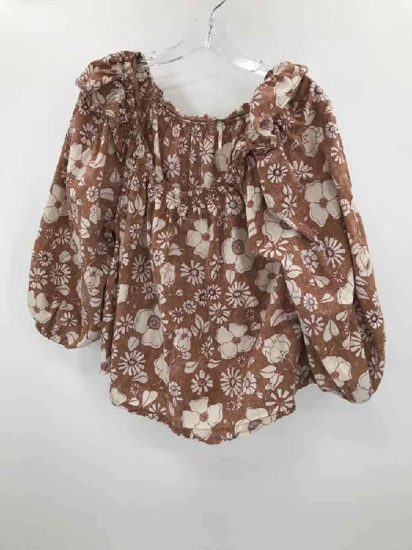 Pre-Owned Free People Brown Size Medium Floral Long Sleeve Blouse Floral Chiffon Blouse