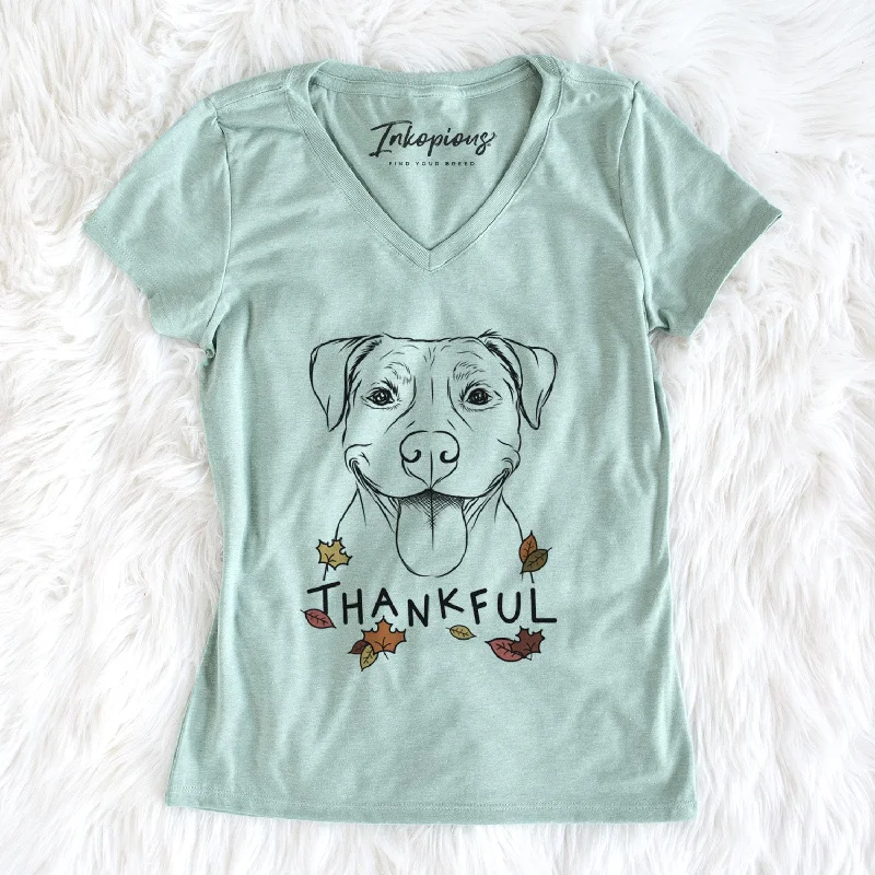 Thankful Parker the Pitbull - Women's V-neck Shirt-- Denim Fabric Leather Fabric Suede Fabric
