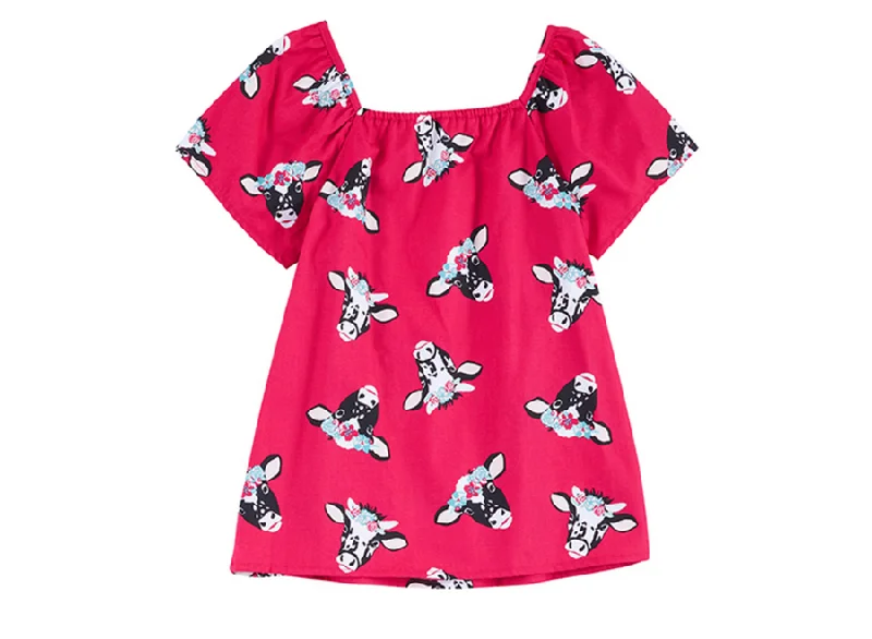 WRANGLER GIRLS' PINK WITH FLORAL COW PRINT SHORT RUFFLE SLEEVES SHIRT-- Fleece Fabric Down Fabric Feather Fabric