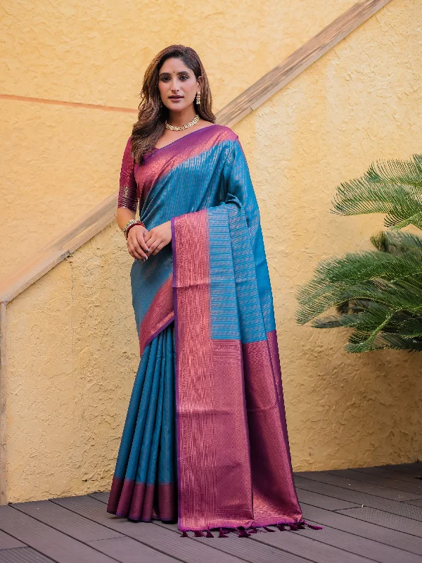 Sonakshi Women's Sky Blue Kanjivaram Silk Zari Woven Traditional Saree with Blouse Elegant Embroidery Blouse