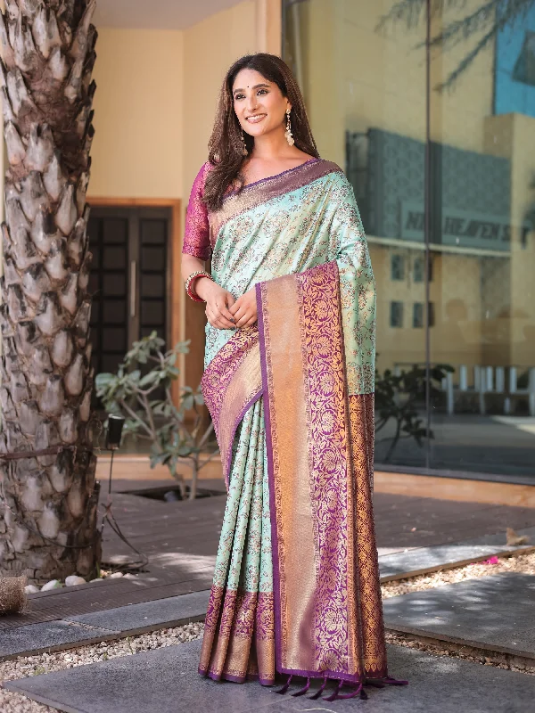 Sonakshi Women's Turquoise Dharmavaram Silk Zari Woven Traditional Saree with Blouse Peter Pan Blouse