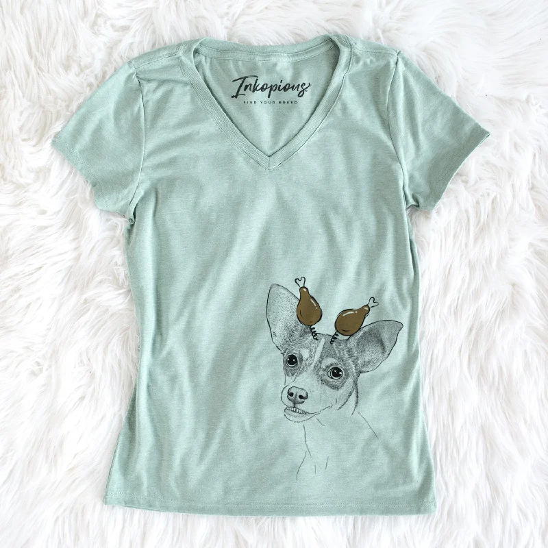 Thanksgiving Kailani the Chihuahua Mix - Women's Perfect V-neck Shirt-- Spandex Blend Rayon Blend Denim Blend