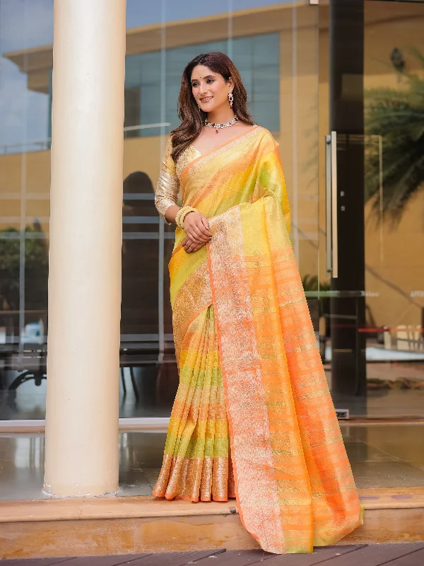 Sonakshi Women's Orange Banarasi Handloom Silk Zari Woven Traditional Saree with Blouse Silky Draped Blouse