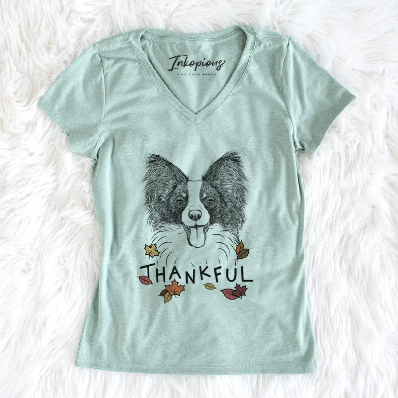 Thankful Patrick the Papillon - Women's V-neck Shirt-- Wool Fabric Cashmere Fabric Tweed Fabric