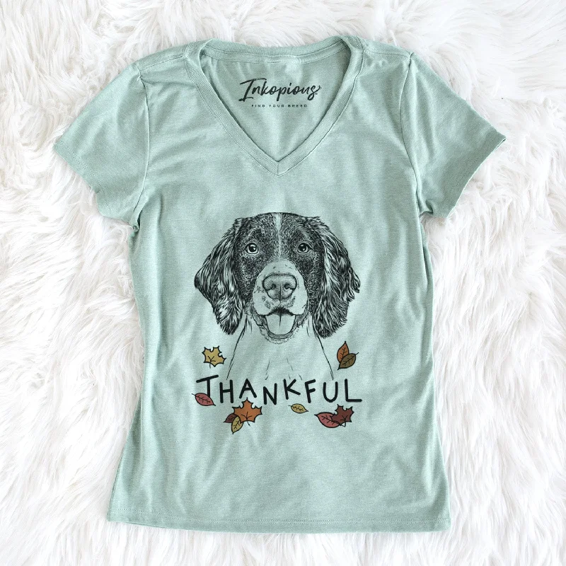 Thankful Ever the English Springer Spaniel - Women's V-neck Shirt-- Front Pockets Side Pockets Patch Pockets