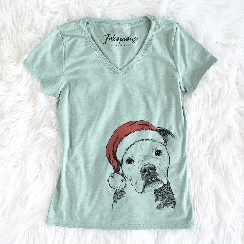 Santa Aggy the Olde English Bulldogge - Women's V-neck Shirt-- Fitted T-Shirt Seamless Stretchy
