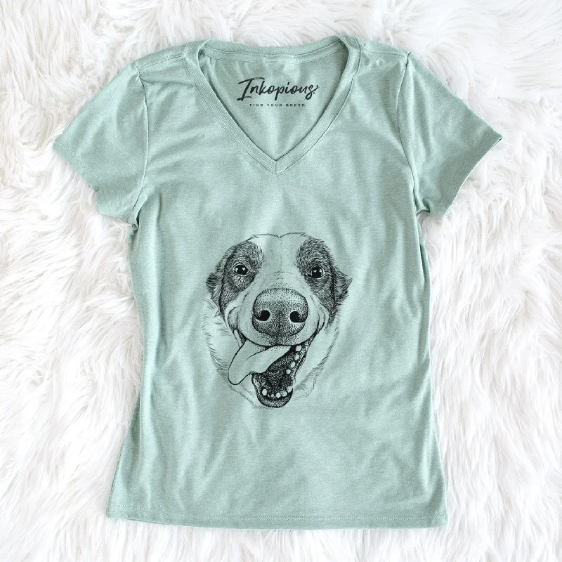 Bare Elwood the Border Collie - Women's V-neck Shirt-- Spandex Blend Rayon Blend Denim Blend