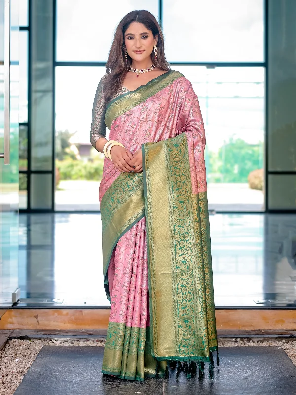 Sonakshi Women's Baby Pink Dharmavaram Silk Zari Woven Traditional Saree with Blouse Subtle Shimmer Blouse