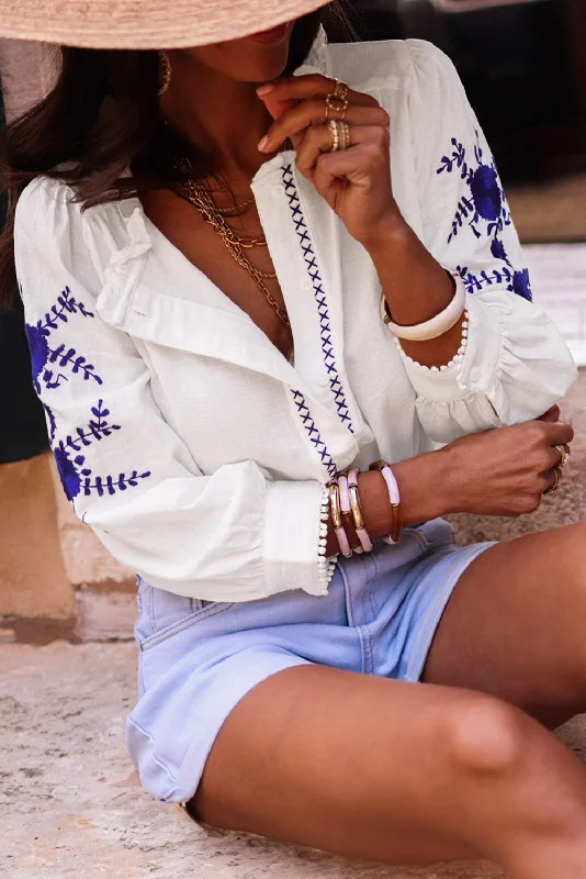 Blue Zone Planet |  White Floral Embroidered Bracelet Sleeve Shirt-- Silk Blend Satin Velvet