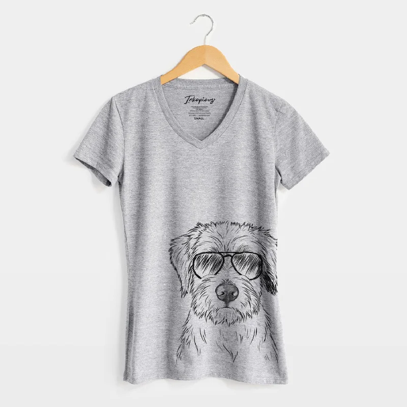 Aviator Marek the Bernedoodle - Women's V-neck Shirt-- Sequined Glittery Shiny