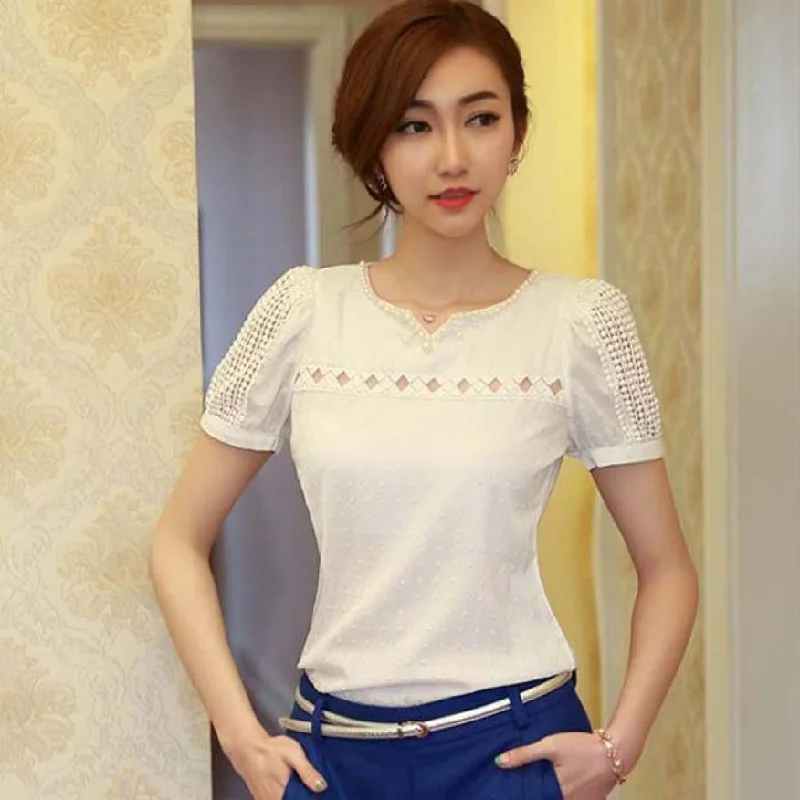 Summer woman short sleeve Vest Blouses girl Chiffon Shirt Solid V-Neck Casual Female Slim Hollow lace top Blusas slim camisa 2xL Satin Bow Blouse