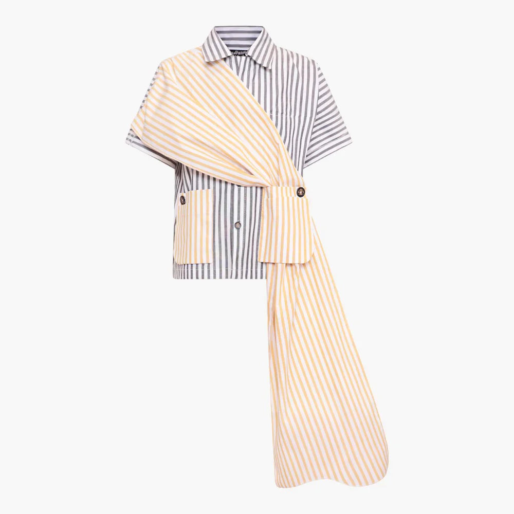Cotton Shirt with Scarf and Stripes - Zero Waste / S19 1001B-Grey_Yellow_Stripes-- Lace Blend Ribbed Blend Corduroy Blend