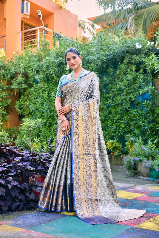 Sonakshi Women's Grey Banarasi Handloom Silk Zari Woven Traditional Saree with Blouse Office-Ready Blouse
