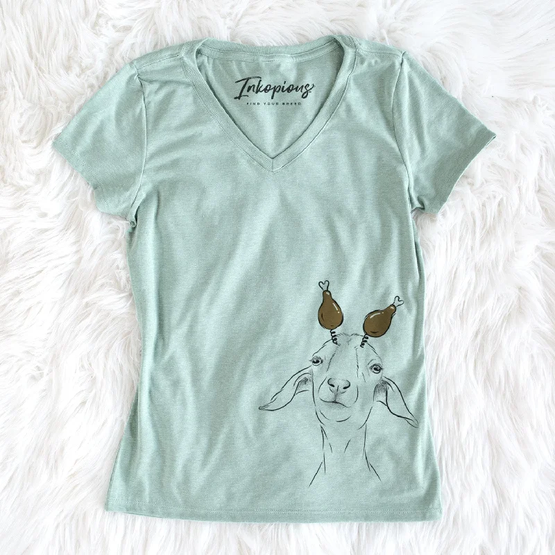 Thanksgiving Kara Dune the Spanish Boer Goat - Women's Perfect V-neck Shirt-- Fleece Nylon Spandex Thanksgiving Kara Dune the Spanish Boer Goat - Women's Perfect V-neck Shirt-- Fleece Nylon Spandex