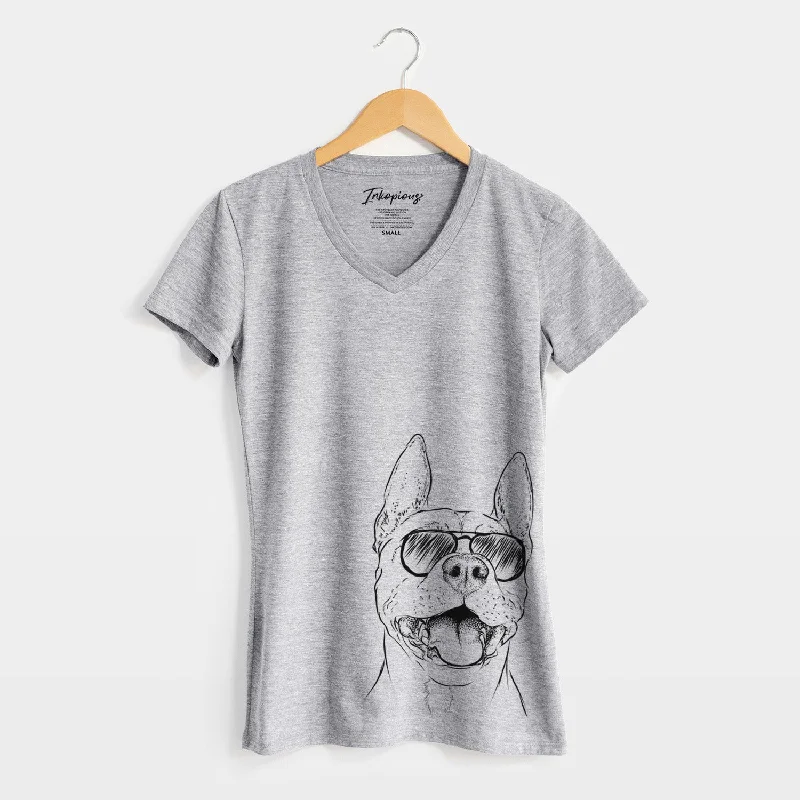 Aviator Wally the Pitbull - Women's V-neck Shirt-- Striped Floral Plaid