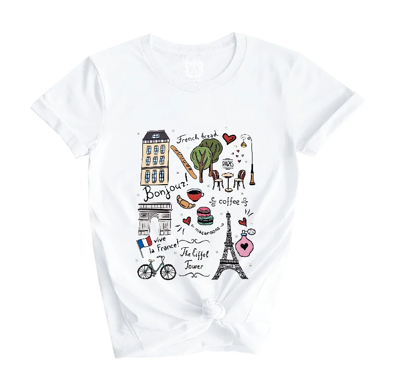Crystal Stud Bonjour Paris Shirt-- Embroidered Appliqued Beaded