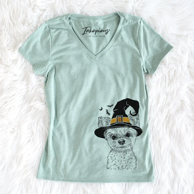 Witch Chance the Yapper the Yorkshire Terrier - Women's Perfect V-neck Shirt-- Graphic Embroidered Appliqued Witch Chance the Yapper the Yorkshire Terrier - Women's Perfect V-neck Shirt-- Graphic Embroidered Appliqued