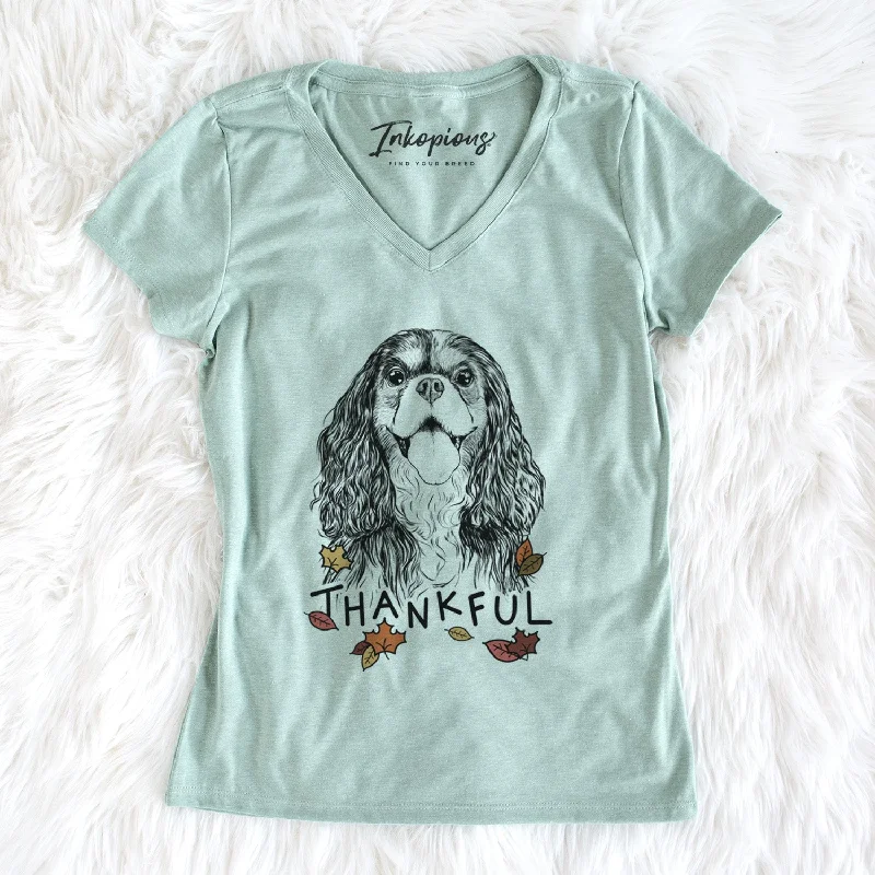 Thankful Brandy the Cavalier King Charles Spaniel - Women's V-neck Shirt-- Solid Color Striped Floral