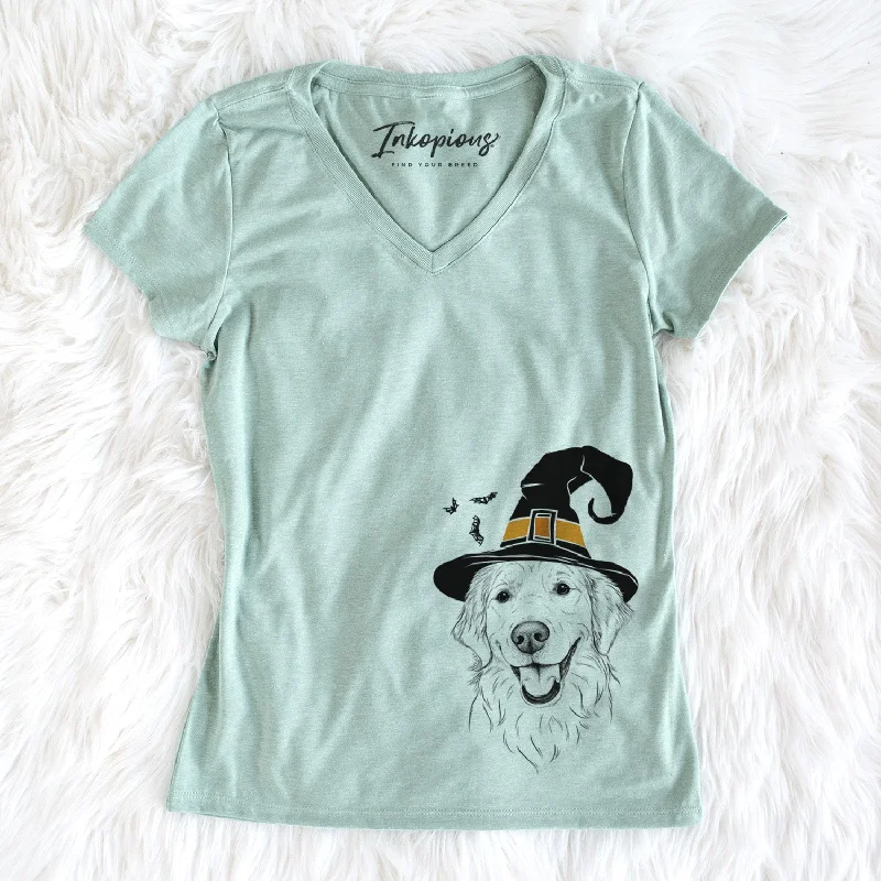 Witch Maple the Golden Retriever - Women's Perfect V-neck Shirt-- Polka Dot Checkered Tartan