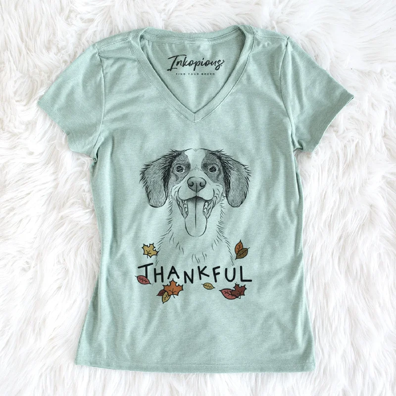 Thankful Birdie the Brittany - Women's V-neck Shirt-- Elegant Classic Vintage