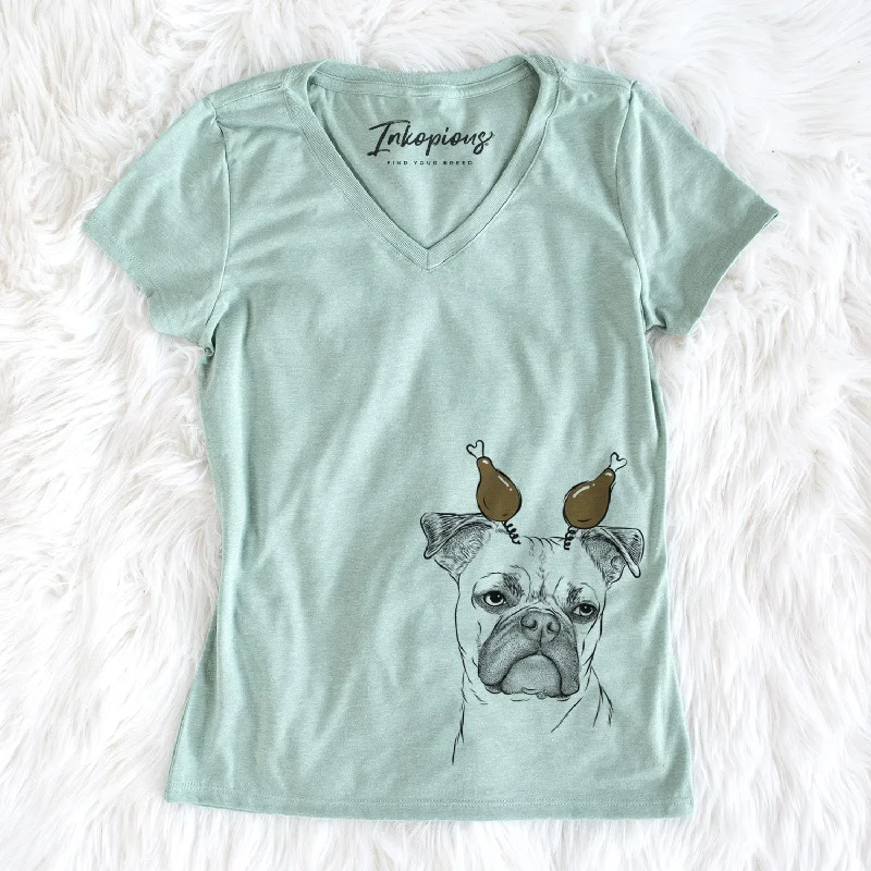 Thanksgiving Mack the Bugg (Boston Terrier/Pug) - Women's Perfect V-neck Shirt-- Beaded Sequined Faux Fur