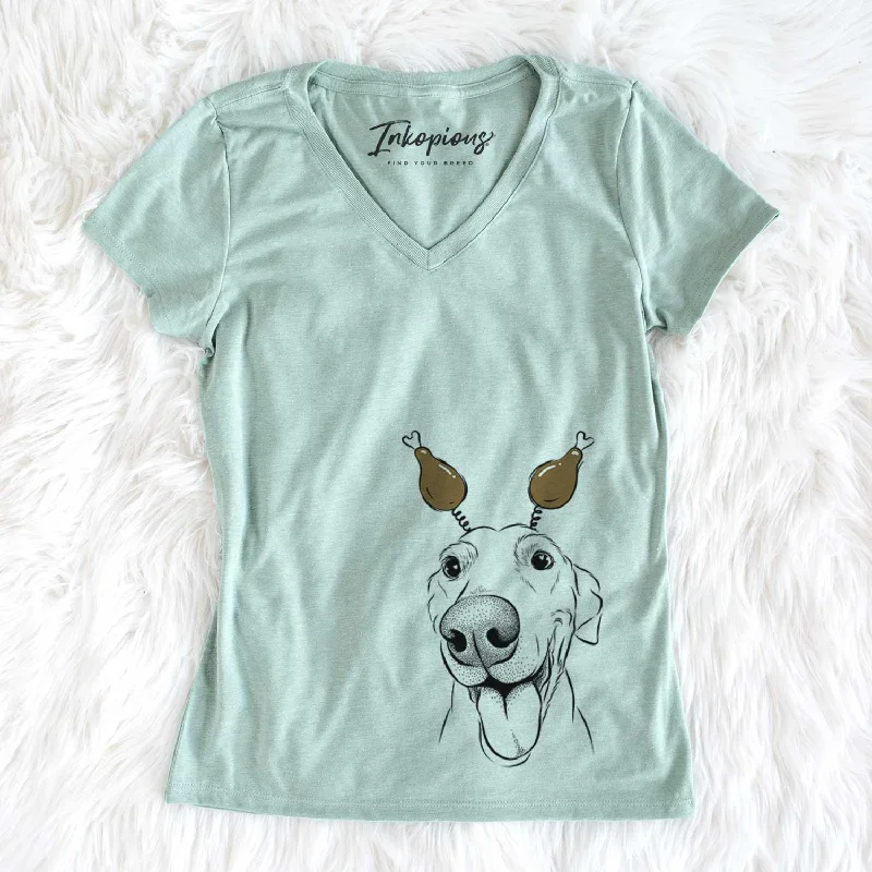 Thanksgiving Buddy the Buddy the Sato / American Village Dog - Women's V-neck Shirt-- Polka Dot Checkered Tartan