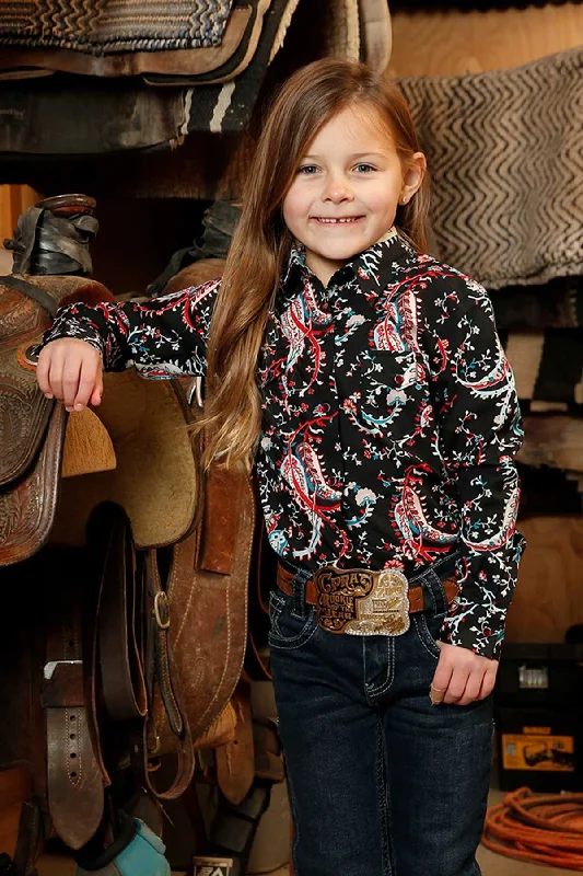 GIRL'S PAISLEY PRINT WESTERN SHIRT - BLACK-- Front Pockets Side Pockets Patch Pockets