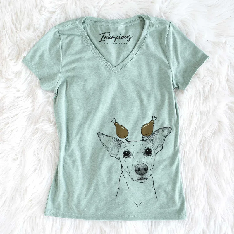 Thanksgiving Molly the Jack Russell Terrier - Women's V-neck Shirt-- Front Pockets Side Pockets Patch Pockets