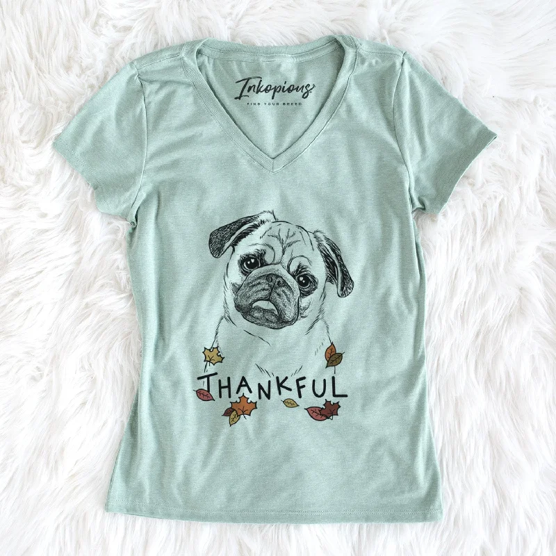 Thankful Macy the Pug - Women's V-neck Shirt-- Embroidered Appliqued Beaded