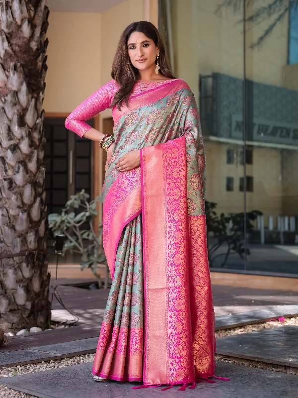Sonakshi Women's Grey Dharmavaram Silk Zari Woven Traditional Saree with Blouse Loose Fit Blouse
