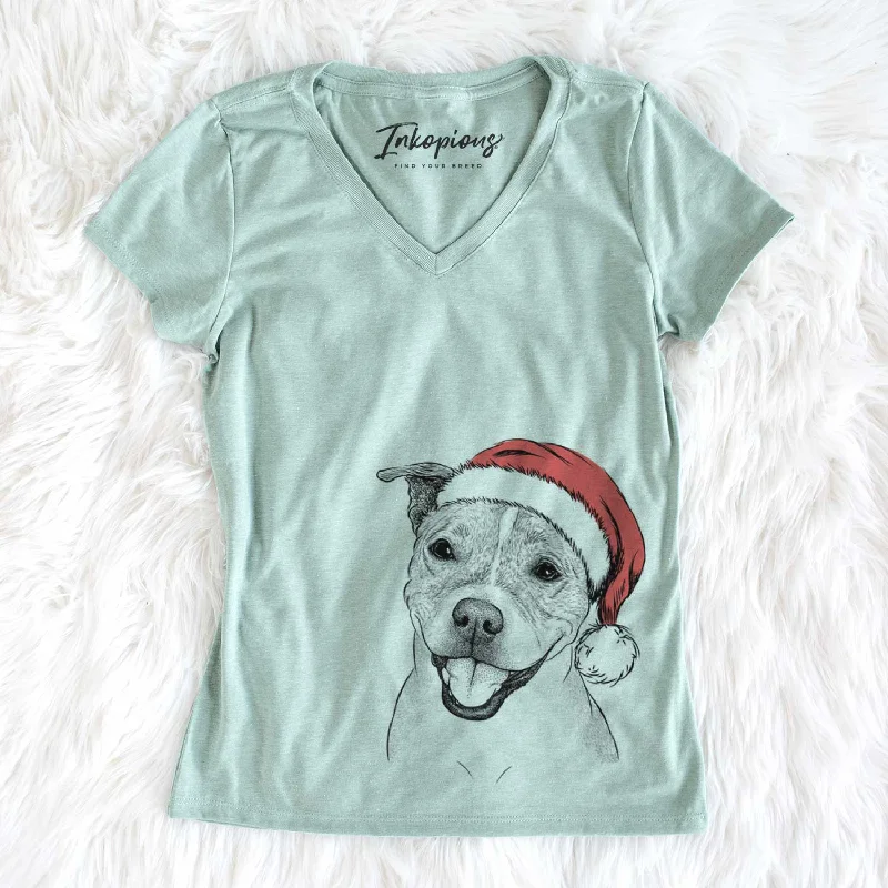 Santa BrookLyn the Staffordshire Bull Terrier - Women's V-neck Shirt-- Zippered Buttoned Snapped