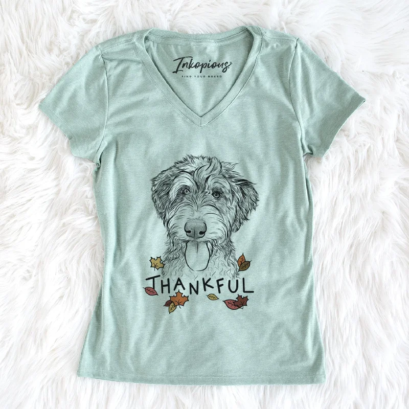 Thankful Myrtle Mae the Aussiedoodle - Women's V-neck Shirt-- Nylon Fabric Polyester Fabric Spandex Fabric