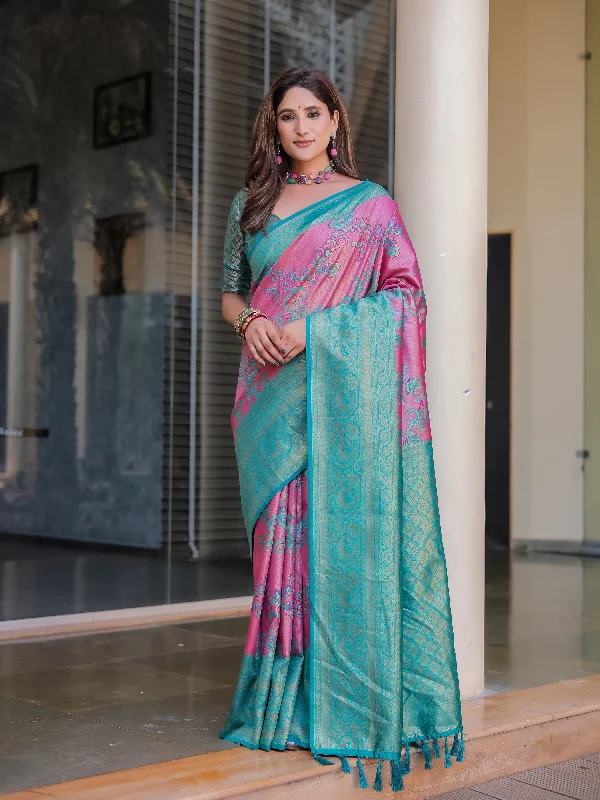 Sonakshi Women's Pink Dharmavaram Silk Zari Woven Traditional Saree with Blouse Slim Fit Blouse