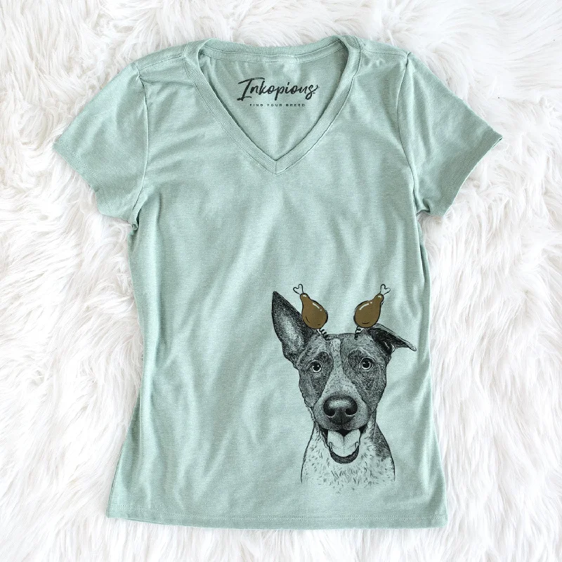 Thanksgiving Amigo the Heeler Mix - Women's Perfect V-neck Shirt-- Chenille Fabric Brocade Fabric Lace Fabric