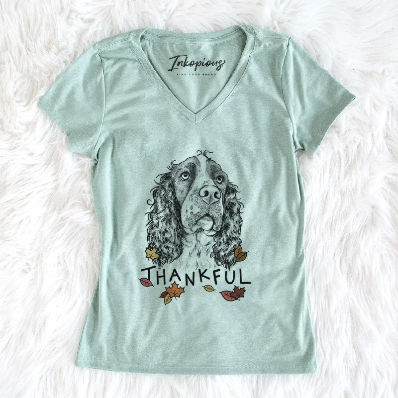 Thankful Millie Mae the English Springer Spaniel - Women's V-neck Shirt-- Jersey Fabric Tulle Fabric Batik Fabric
