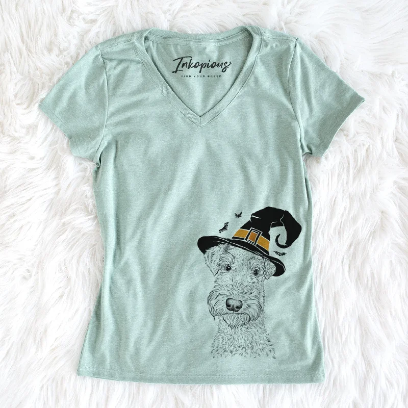 Witch Roc Haven Maggie May the Airedale Terrier - Women's Perfect V-neck Shirt-- Welt Pockets Slit Pockets Witch Roc Haven Maggie May the Airedale Terrier - Women's Perfect V-neck Shirt-- Welt Pockets Slit Pockets