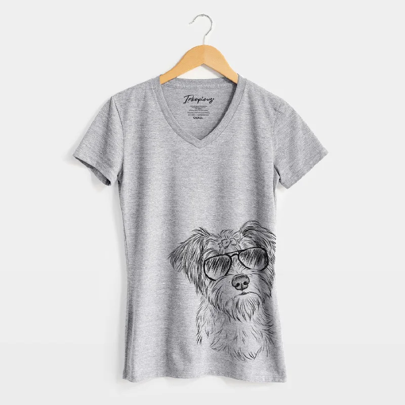 Aviator Birdee the Schnauzer Mix - Women's V-neck Shirt-- Striped Floral Plaid