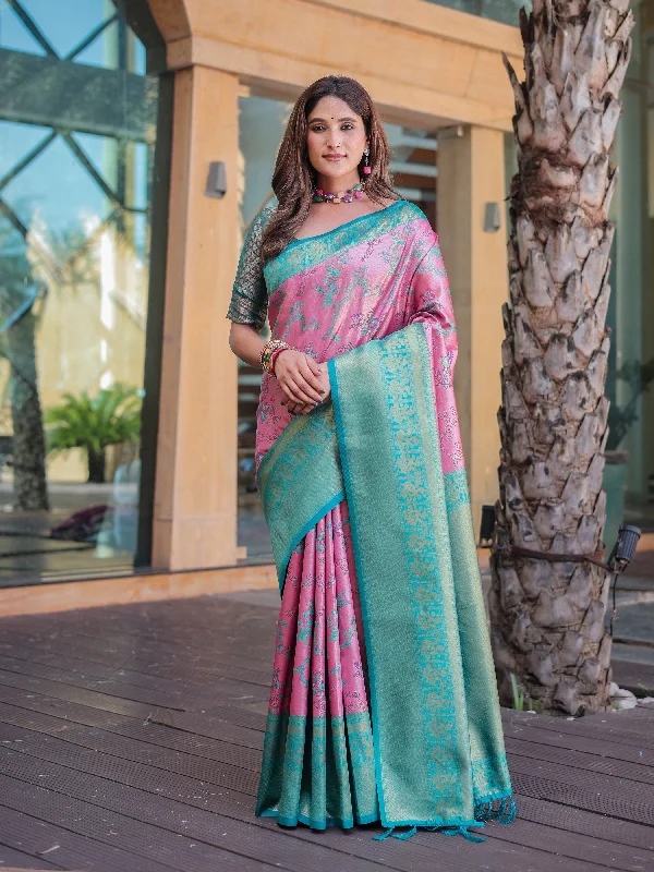 Sonakshi Women's Baby Pink Dharmavaram Silk Zari Woven Traditional Saree with Blouse Feminine Puff Blouse