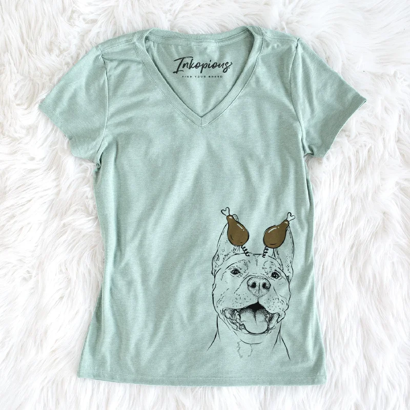 Thanksgiving Wally the Pitbull - Women's Perfect V-neck Shirt-- Terry Blend Velvet Blend Canvas Blend