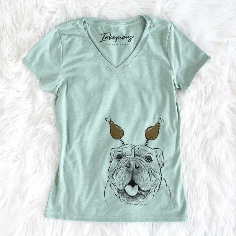 Thanksgiving Louie the English Bulldog - Women's V-neck Shirt-- Spandex Blend Rayon Blend Denim Blend